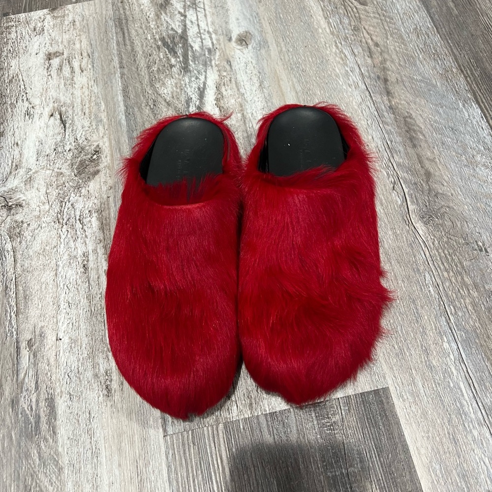 Marni Vibrant Red Faux Fur Slippers